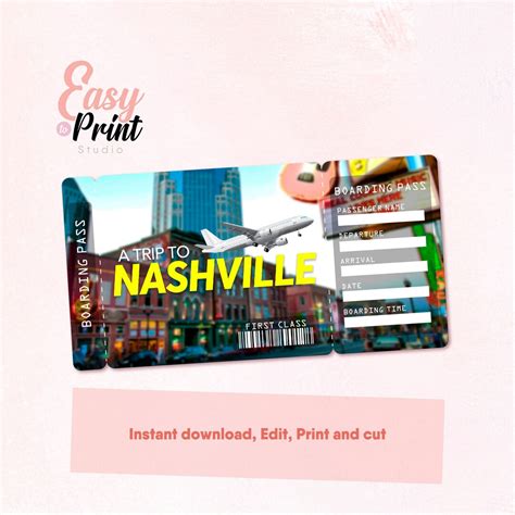 Editable Nashville Boarding Pass Printable Personalized Diy Etsy