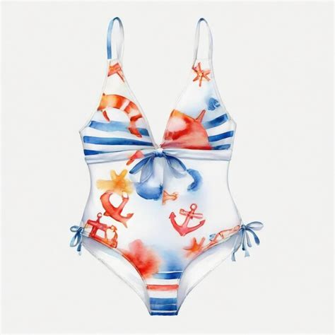 A Swimsuit With A Blue And White Bikini Top And A Bow Premium AI Generated Image
