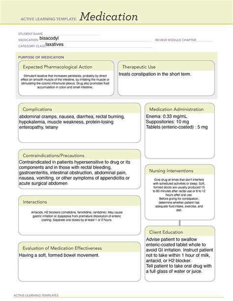 Bisacodyl Med Card Active Learning Templates Medication Student