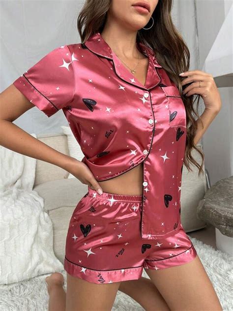 Heart Print Contrast Piping Satin Pj Set Shein Usa