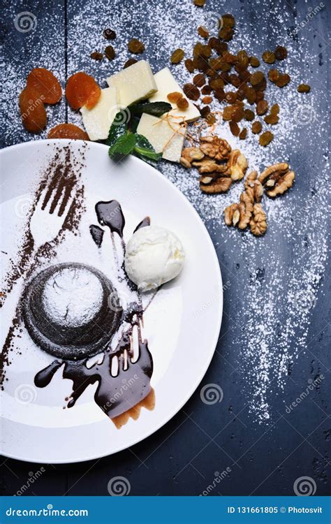 Patisserie Concept. Chocolate Fondant with Ice Cream and Chocolate ...