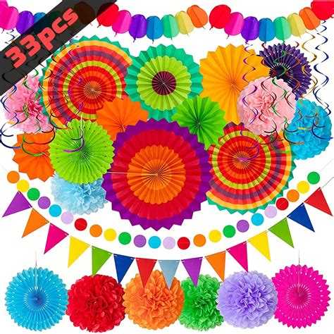 35pcs, Multicolor Fiesta Paper Fan Party Decorations Set, Cinco De Mayo