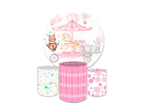 Kit Capa Painel Trio Cilindros Carrossel Circo Rosa Loja Bibi Painéis