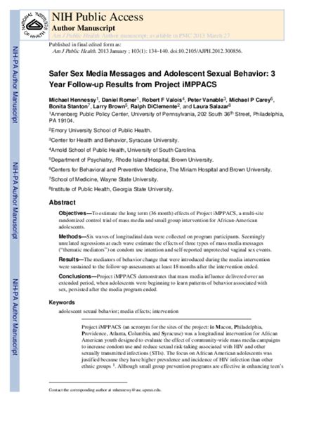 Pdf Safer Sex Media Messages And Adolescent Sexual Behavior 3 Year Follow Up Results From