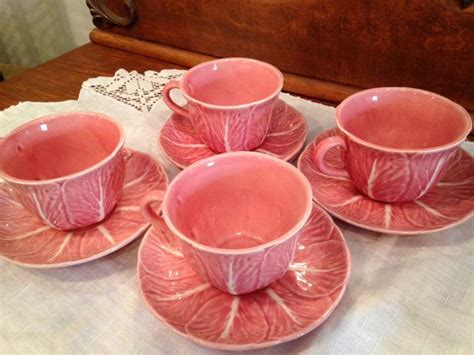 Very Rare Pink Cabbage Leaf Majolica Tea Or Coffee Cups And Saucers