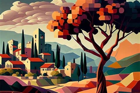 Landscape In Cubism Style Abstract Background Generative Ai Stock