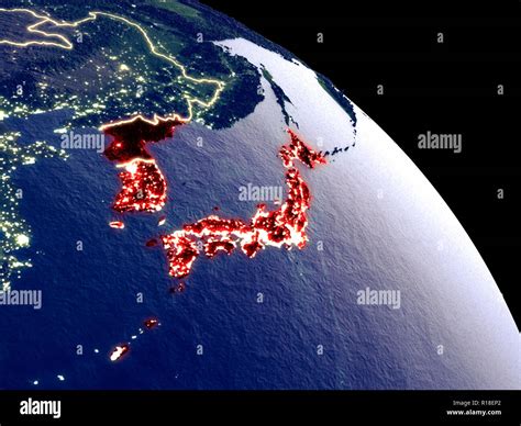 Japan and Korea at night from orbit. Plastic planet surface with ...