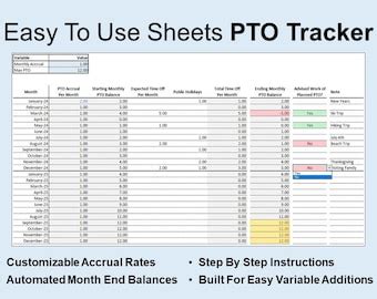 Excel PTO Vacation Tracker Paid Time Off Planner Vacation Planner Etsy