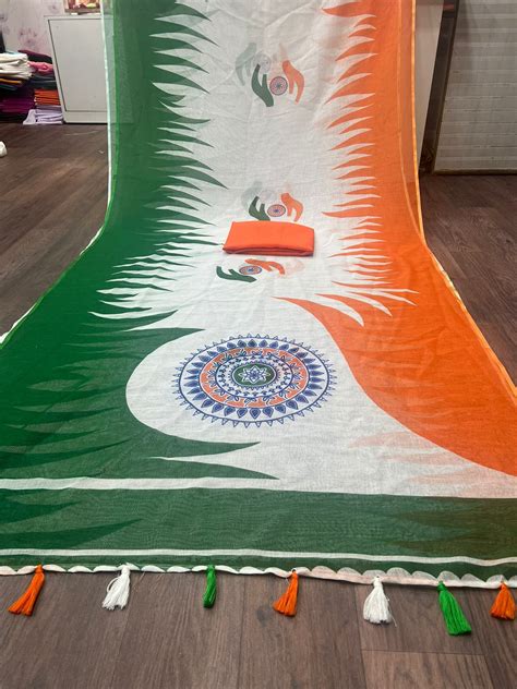 Indian Tricolor Printed linen saree with latkan