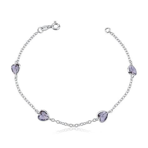 Pulseira de prata 925 feminina coração zirconia roxa Aqua Joias