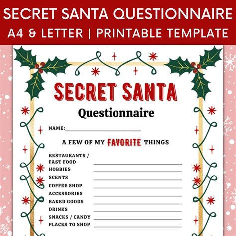 Printable Secret Santa Questionnaire For Christmas T Exchange