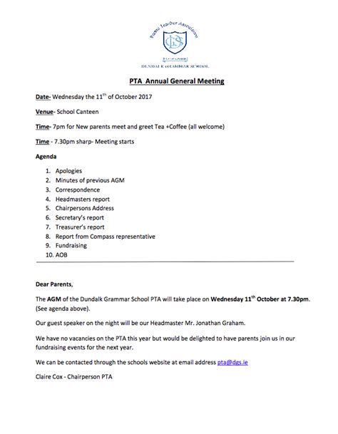 Pta Annual General Meeting October 2017 Dundalk Grammar School