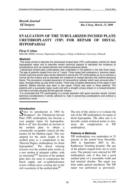 Pdf 14 Evaluation Of The Tubularized Incised Plate Urethroplasty Tip For Repair Of Distal