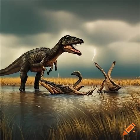 Detailed Art Of Two Baryonyx Dinosaurs In A Marshland With Storm Clouds