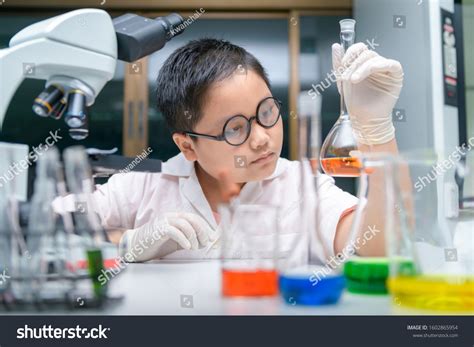 Kid Scientist Making Experiment Chemical Laboratory Stock Photo ...