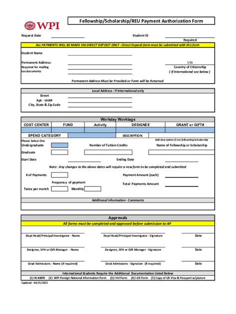 Fillable Online Fellowship Scholarship REU Payment Authorization Form