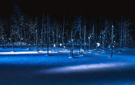 Blue Pond on night winter. Biei town countryside of Hokkaido, Japan ...