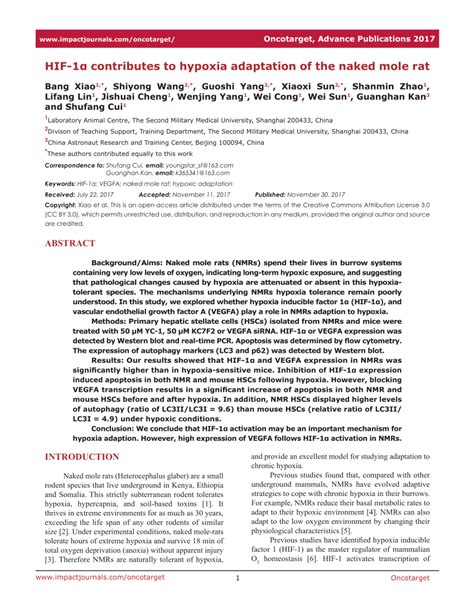 PDF HIF A Contributes To Hypoxia Adaptation Of The Naked Mole Rat