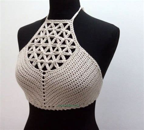 Beige Flower Of Life Crochet Halter Top