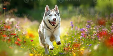 Happy Siberian Husky Running Through a Flower Meadow on a Sunny Day