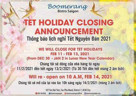 TET HOLIDAY CLOSING ANNOUNCEMENT - Nhà hàng Boomerang Bistro Saigon