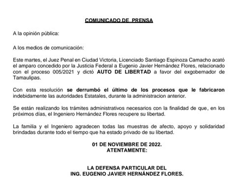 Juez dicta auto de libertad al ex Gobernador Eugenio Hernández La