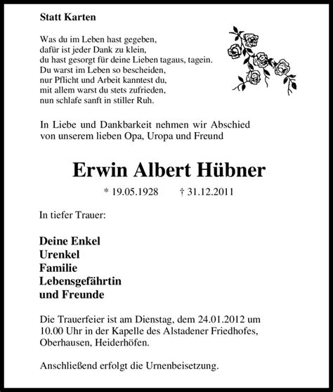 Traueranzeigen Von Erwin Albert H Bner Trauer In Nrw De