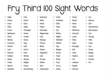 Third Fry Sight Word List Printable