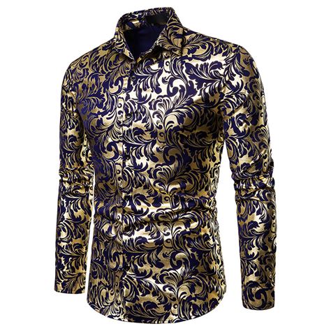 Floral Print Shirt Men Brand New Gold Bronzing Long Sleeve