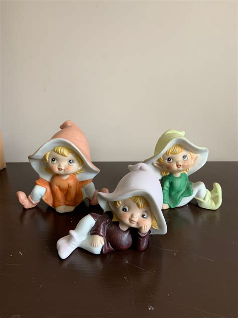 Vintage Homco Elf Statues Trio Elves Homco Pixie Elf Figurines Three