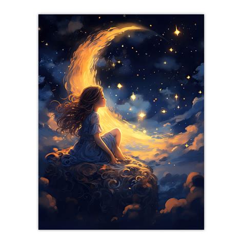 Crescent Moon Dreams Whimsy Little Girls Unframed Wall Art Print Poster