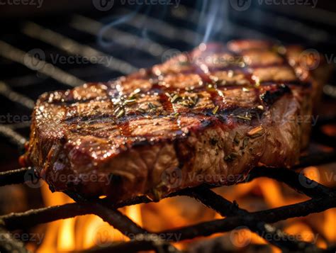 A close - up shot of a perfectly grilled steak sizzling on a barbecue