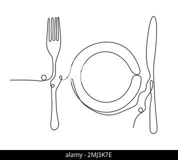 Continuous Line Plate Spoon And Fork Vector Illustration Stock Vector