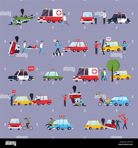 Road Accident Icons Set With Car Crash Symbols Flat Isolated Vector