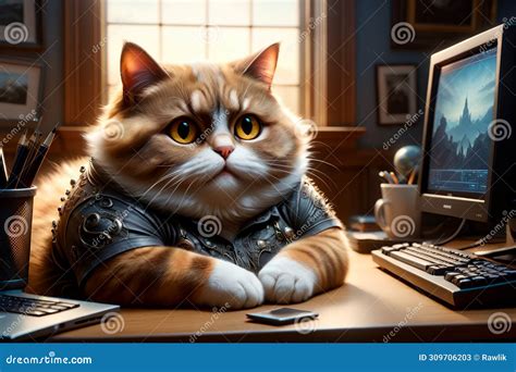 A Fat Cat In A T Shirt Is Sitting At The Office Table In Front Of A Computer Stock Image Image