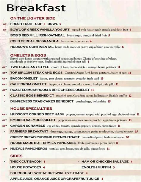 Menu At Hudson S Bar And Grill Vancouver