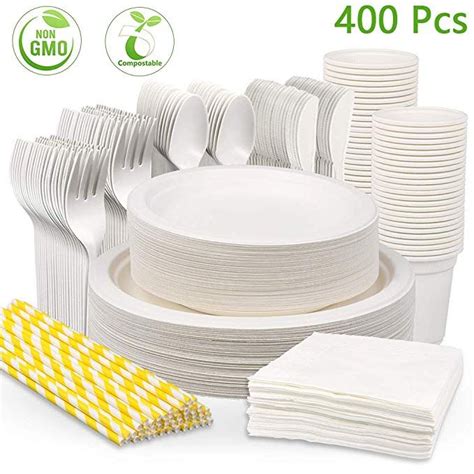 400pcs Disposable Dinnerware Setcompostable Sugarcane Cutlery Eco