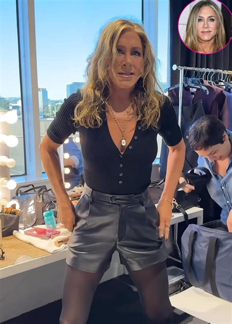 Jennifer Aniston Hilariously Stretches Out Her Tight Leather Shorts Us Weekly