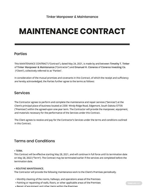 Restaurant Maintenance Contract Template Google Docs Word Apple