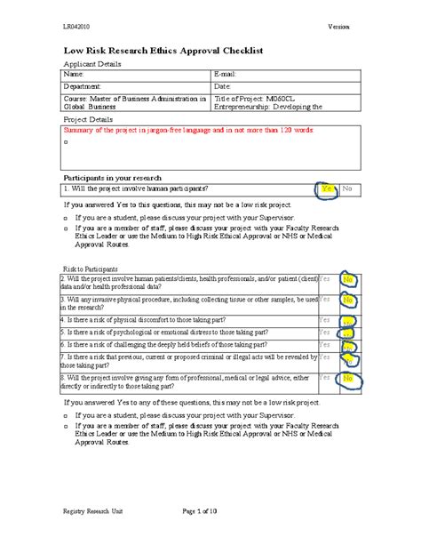 M060edbp Ethics Sample 2 Low Risk Research Ethics Approval Checklist