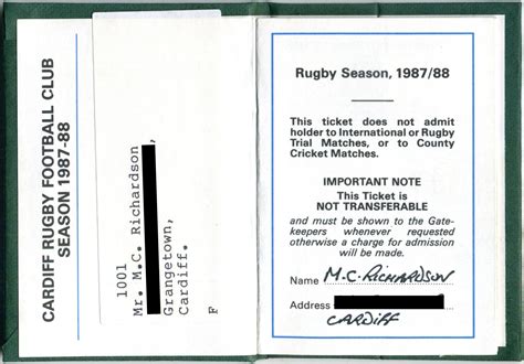 Ticket Cardiff Rfc Season Ticket 198788 Cardiff Rugby Museum