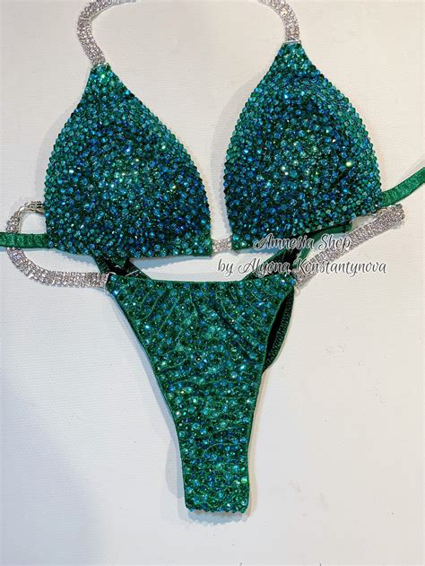 Green Competition Bikini Set Rhinestone Fitness Npc Ifbb Etsy