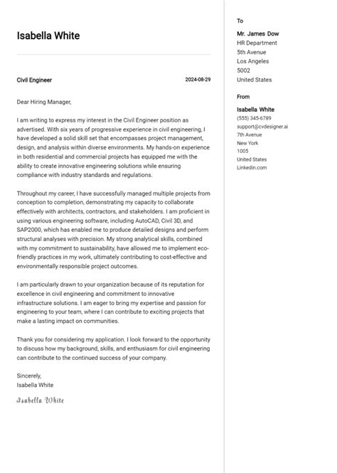 Civil Engineer Cover Letter Example For 2024 Free Templates Cvdesigner Ai