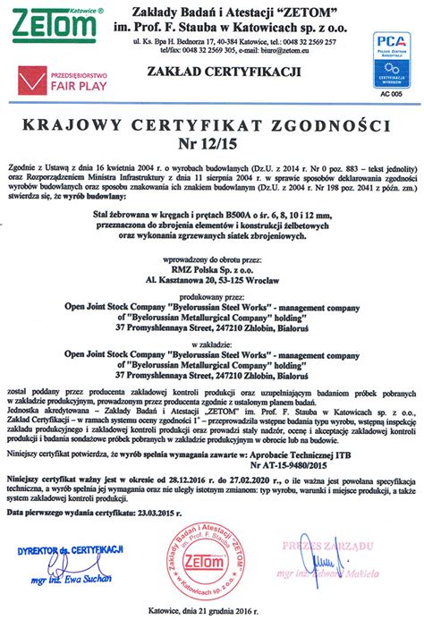 Conformity Certificate № 1215 Zetom Poland For The Production Of