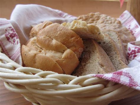 Assortment Of Baked Bread And Bun In A Wicker Basket Stock Image