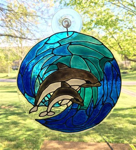 Wave And Dolphins Stain Glass Dolphin Stain Glass Big Wave Etsy Stained Glass Framed Art