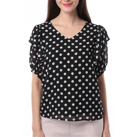 Women Polka Dot Short Sleeve Chiffon Blouse Tops