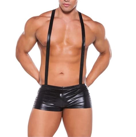 Mens Patent Leather Sexy Bodysuits Jockstrap Bodywear Underwear