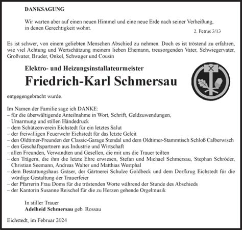 Traueranzeigen Von Friedrich Karl Schmersau Abschied Nehmen De