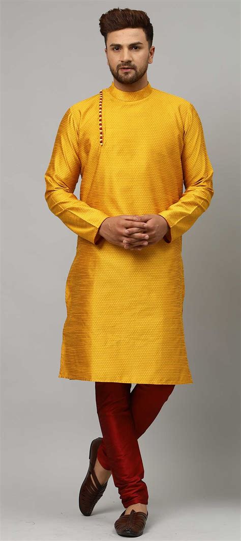 Yellow Color Dupion Silk Fabric Kurta Pyjamas 1730315